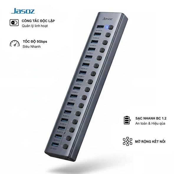 Bộ Chia 16 Cổng USB 3.0 Có Công Tắc Kèm Nguồn Phụ 12V/ 7.5A Dây Dài 1M Jasoz T-F173