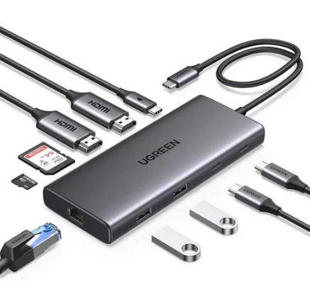 Bộ chia Hub USB-C 10 in 1 Ugreen 45380 CM639, 2x HDMI, 2x USB A, 2x USB C, 1 PD 100w, Đầu đọc thẻ SD/TF