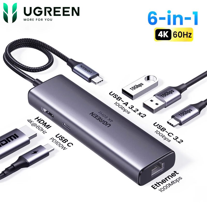Bộ chuyển đổi USB-C sang USB-C PD+3*USB 3.0+RJ45+HDMI hỗ trợ 4K@60hz Ugreen 45000 CM512