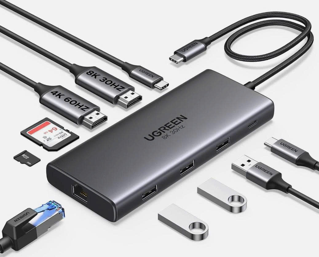 Bộ chuyển đổi USB-C sang 2*USB C+2*USB 2.0+USB 3.0+2*HDMI + SD/TF + LAN hỗ trợ 8K Ugreen 15534 CM639