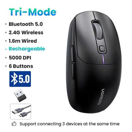 Chuột không dây Bluetooth v5.0 & 2.4GHz & có dây hỗ trợ 5000DPI Ugreen 90539 (MU103  -Pin sạc)
