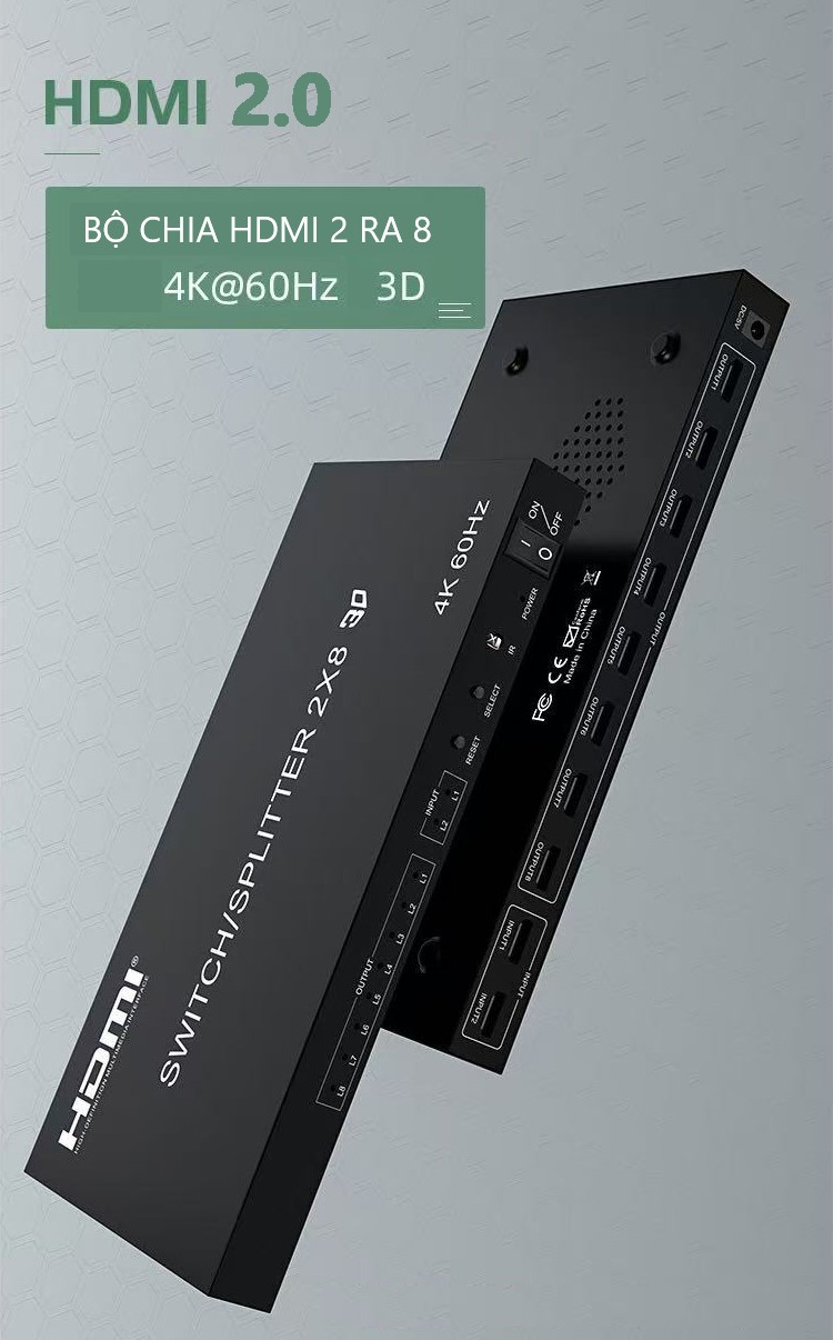 Bộ chia HDMI 2 vào 8 ra Bowu BW-20HS 282, hỗ trợ 2k4K@60Hz